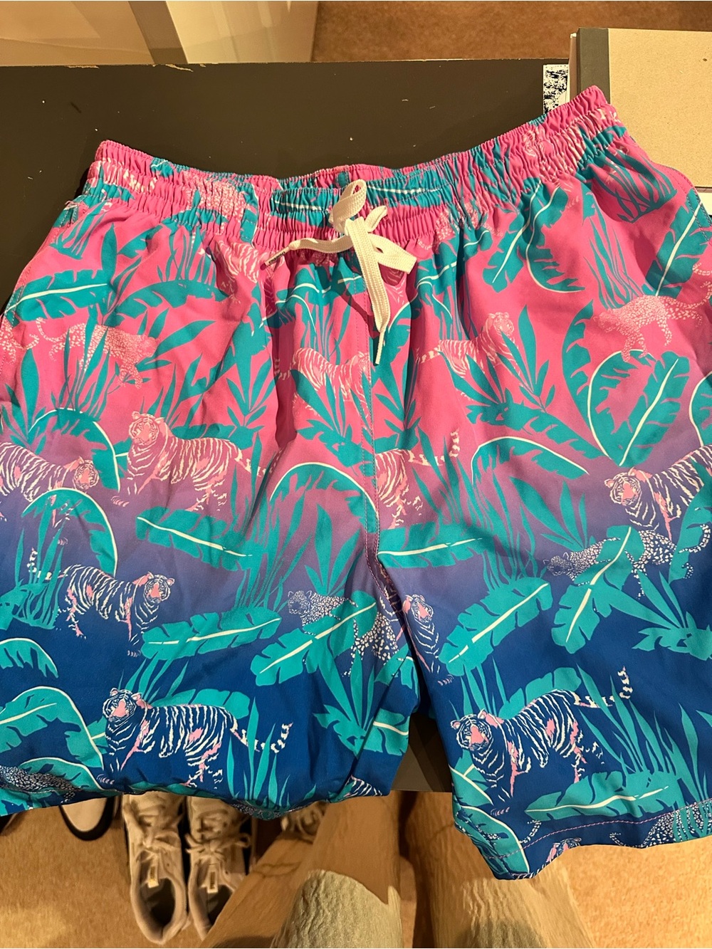 chubbies Pink Teal Blue Gradient Tiger Print Swim Trunks